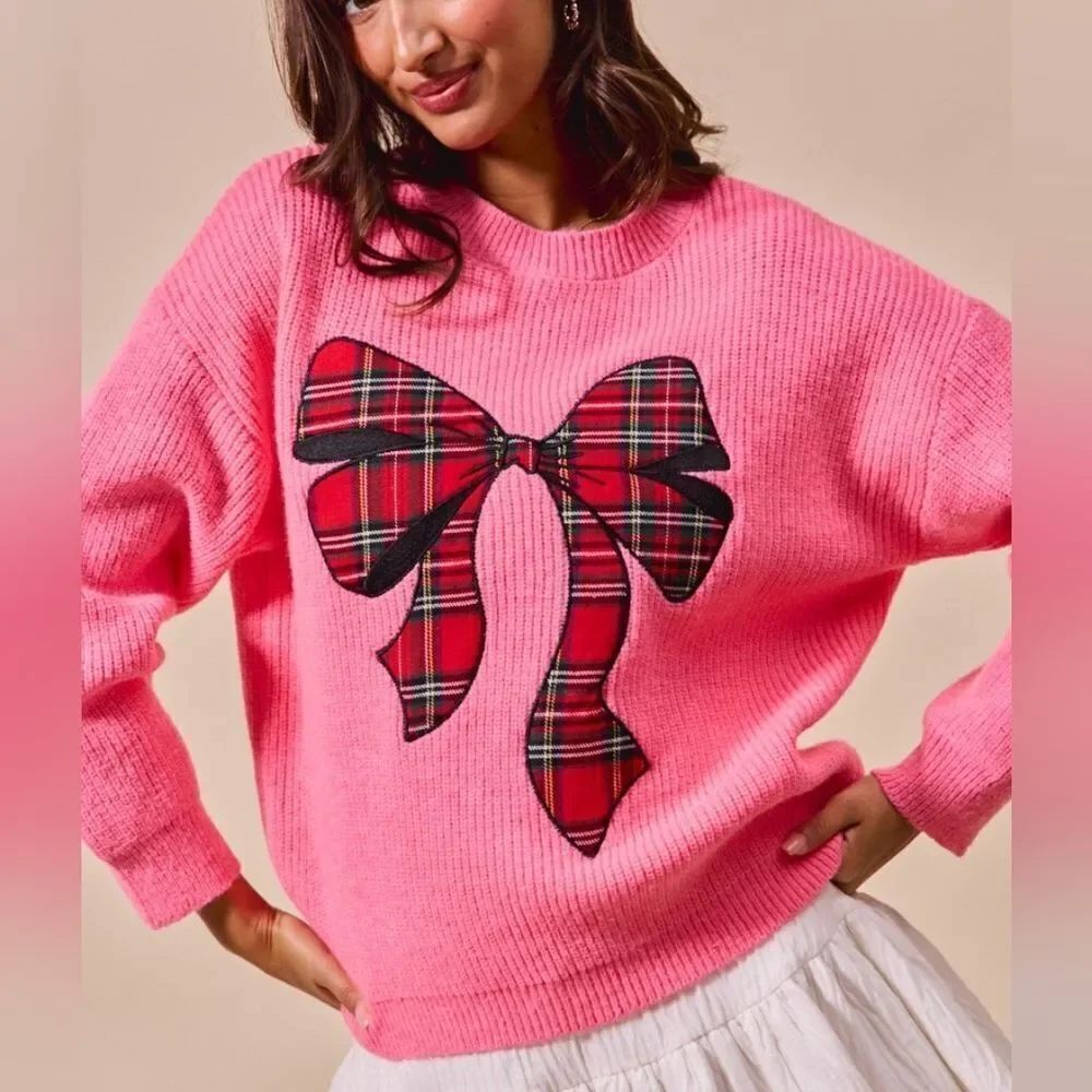 SO ME Women's Pink Plaid Bow Appliqué Sweater Medium | Oversized Holiday Knit Pu